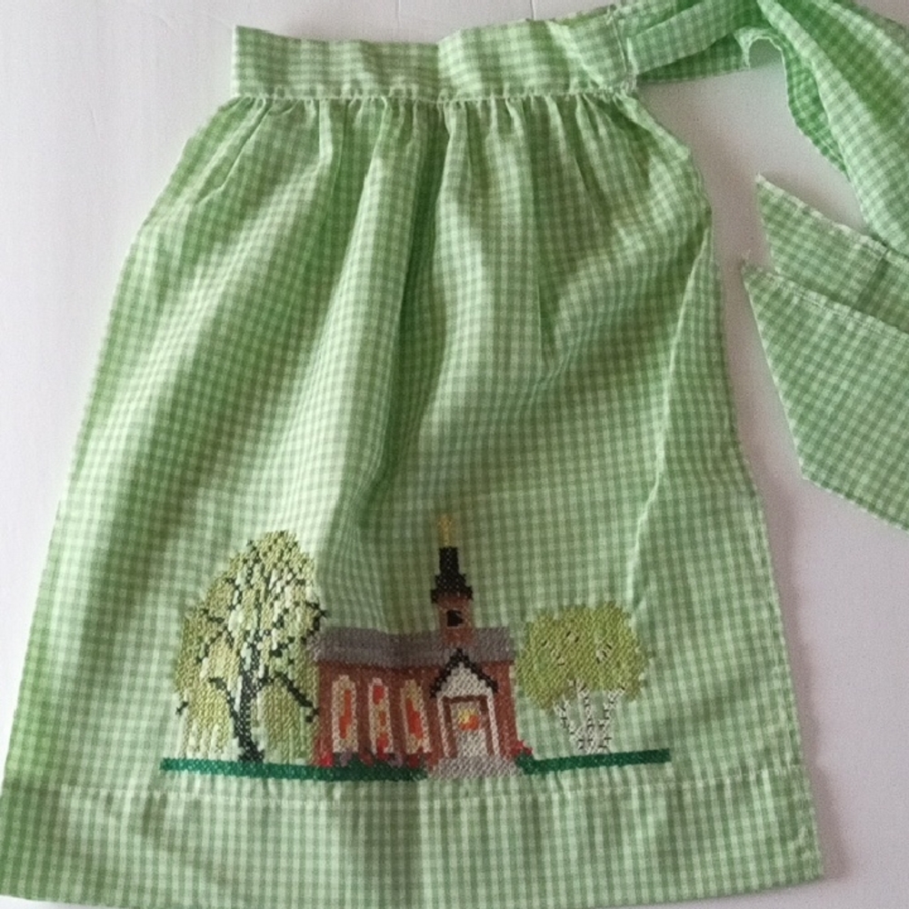 Green Gingham Apron with Embroidered House Design